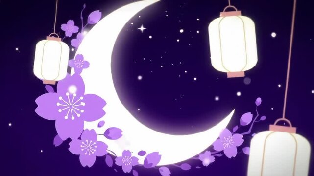 Enchanted Crescent Moon Night:  Japanese Lanterns and Cherry Blossoms Under a Starry Sky