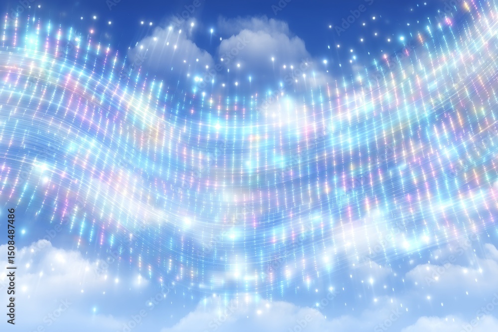 Poster a soft grunge layer adds texture to a modern halftone pattern of retro clouds against a blue sky, fo