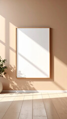 Minimal poster frame with white vases and green plants on beige wall, modern home decor mockup in natural light
