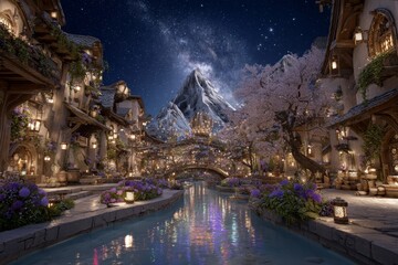 Fototapeta premium A world of vibrant imagination is brought to life, where glowing waterfalls, hovering islands, and mythical creatures coexist, all depicted in dynamic, surreal colors