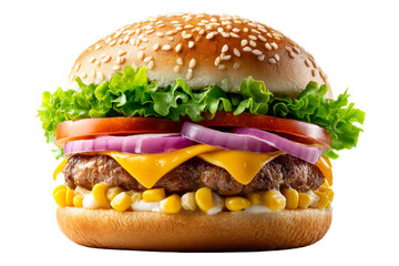 Juicy cheeseburger with fresh toppings on a sesame seed bun