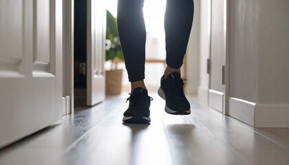 Home exercise routines cardio concept. Person walking in sneakers on a wooden floor in a bright hallway.