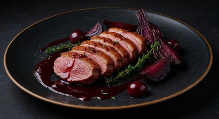 Duck Breast with Cherry Glaze, Roasted Baby Beets and Thyme for Fine Dining Restaurant Menus, Gourmet Food Magazines, Culinary Websites and Upscale Catering Photography
