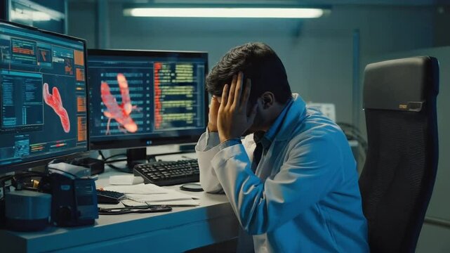 Cinematic shot, male scientist dark, night, clutching laptop experiment simulations. Data streams abstract code flicker violently edges Microscopic dark sci-fi, psychological horror, digital torment