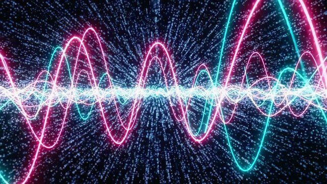 Vibrant wave patterns dance in a cosmic realm of color and light