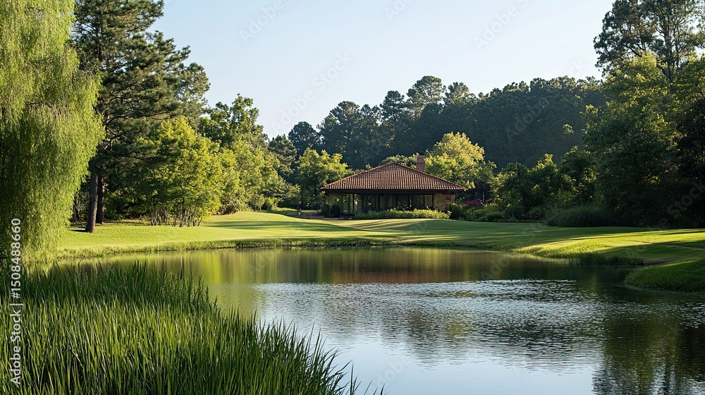 Aufkleber Scenic view of a pond reflecting a building with trees and lush greenery in a tranquil setting