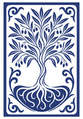 Olive tree with stylized leaves and small fruits. Suitable for branding, product packaging, labels and Mediterranean-themed designs.