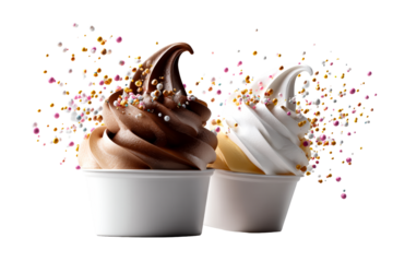 Creamy soft serve ice cream desserts topped with colorful sprinkles