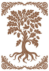 Holm oak with large acorns and stylized foliage. Ideal for logos, gourmet packaging, traditional food branding, and heritage-themed designs.