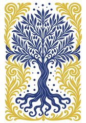 Olive tree with stylized leaves and small fruits. Suitable for branding, product packaging, labels and Mediterranean-themed designs.