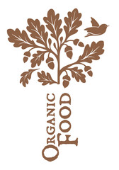 Holm oak with large acorns and stylized foliage. Ideal for logos, gourmet packaging, traditional food branding, and heritage-themed designs.