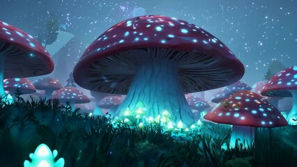 Luminescent mushrooms glowing vibrantly, casting ethereal light across nocturnal woodland landscape, creating mystical fantasy forest atmosphere - Powered by Adobe