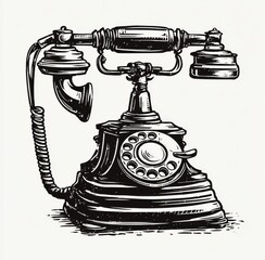 This digital AI image showcases a vintage retro telephone created using heavy black line art, with the telephone itself displaying a stylish and classic design