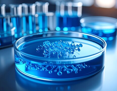 Petri dish with blue liquid and molecular structure