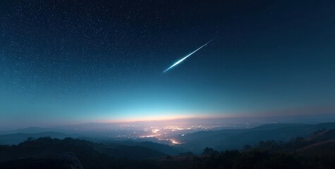 Starry Night Over Misty Mountains with City Lights