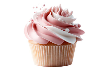 Sweet cupcake with pink and white frosting on transparent background