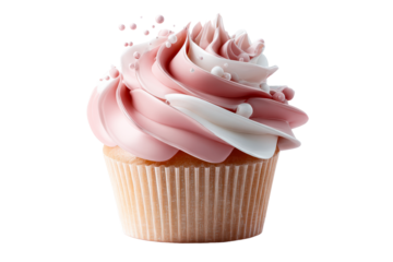 Sweet cupcake with pink and white frosting on transparent background