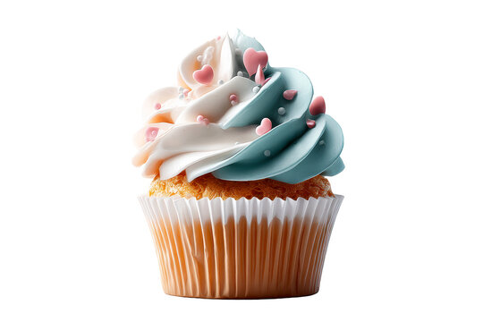 Colorful cupcake with swirled frosting and heart decorations