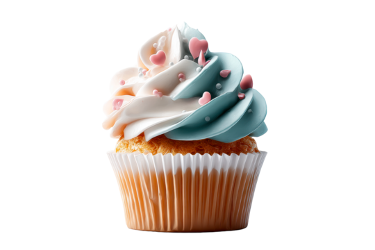Colorful cupcake with swirled frosting and heart decorations