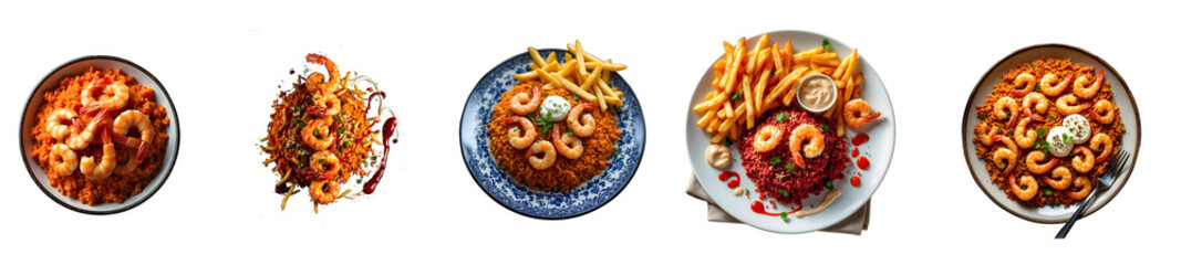 Fried Shrimps on Top of Soy Sauce: Red Rice, French Fries, Ketchup, Tahiri, Kriya and a Plate.