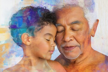 Emotional watercolor artwork of a Hispanic grandfather and grandson, symbolizing generational love and cultural heritage in vibrant tones.
