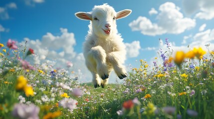 A playful baby goat jumping in a sunny meadow filled with wildflowers