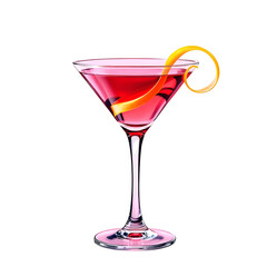 A cosmo cocktail in a martini glass with an orange peel garnish against a black background isolated with white background