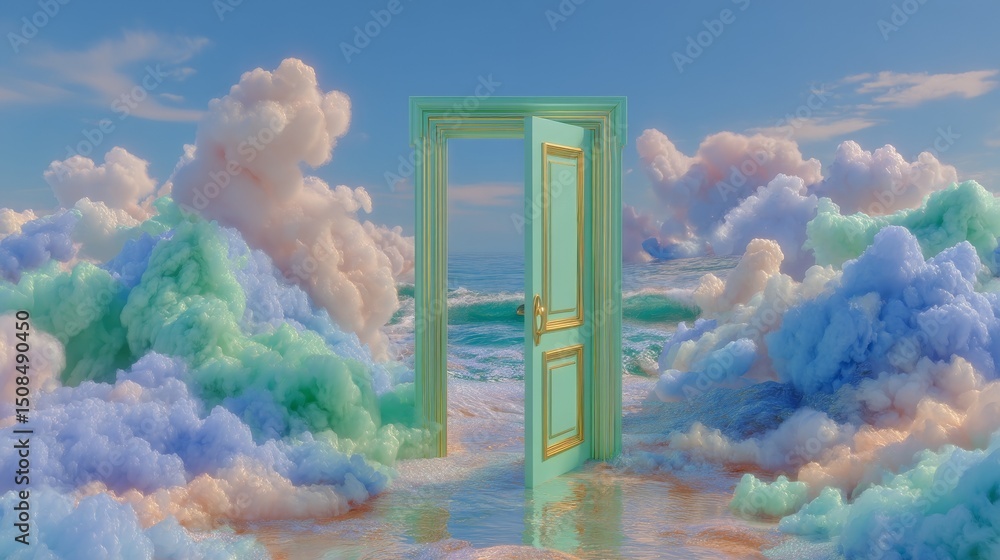 Fototapete A 3D rendering features an abstract, fantasy-inspired, and surreal backdrop with a square window set into a blue wall, accompanied by white clouds drifting above water, serving as a fantasy geometric