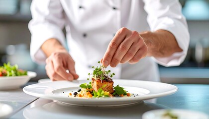 Chef meticulously garnishing a plated dish with fresh herbs