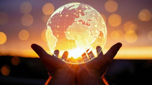 Glowing digital globe held in hands at sunset with light bokeh in background, global connection, modern technology, worldwide communication, internet data, futuristic earth image