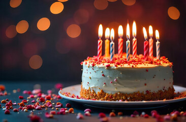 Cake with Glowing Candles on festive Background with bokeh, copy space