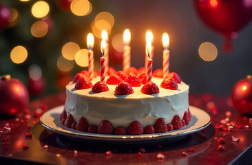 Cake with Glowing Candles on festive Background with bokeh, copy space