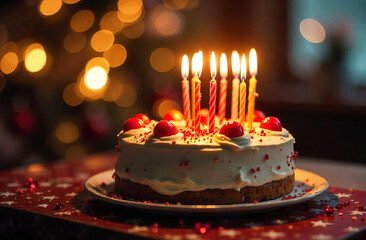 Cake with Glowing Candles on festive Background with bokeh, copy space