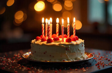 Cake with Glowing Candles on festive Background with bokeh, copy space