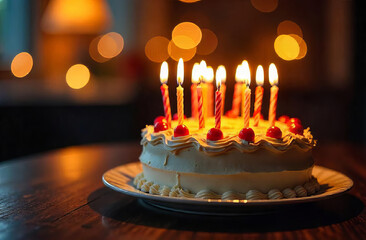 Cake with Glowing Candles on festive Background with bokeh, copy space
