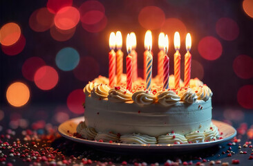 Cake with Glowing Candles on festive Background with bokeh, copy space