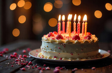 Cake with Glowing Candles on festive Background with bokeh, copy space