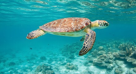 Obraz premium Majestic Green Sea Turtle Gracefully Gliding Through Vibrant Coral Reef