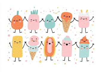 Collection of cartoon food characters depicted in a retro style illustration