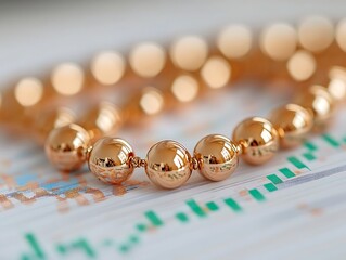 luxury necklace draped over printed market graph charts symbolizing economic growth and value