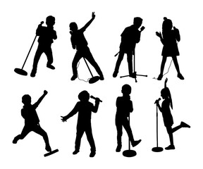 Fototapeta premium silhouette kid singing collection set and playing guitar