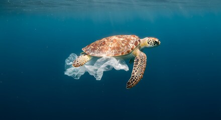 Obraz premium Sea Turtle Entangled in Plastic: A Stark Reminder of Ocean Pollution