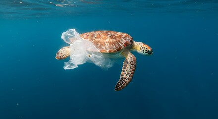 Obraz premium Hawksbill Sea Turtle Entangled in Plastic Bag: A Powerful Image of Ocean Pollution