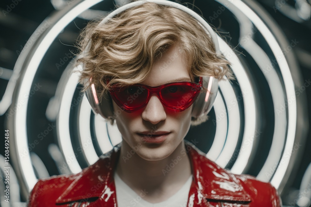 Poster encompassed by an array of retro-futuristic technological devices, a stylish young man dressed in wh