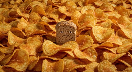 Unexpected bread surrounded by an ocean of golden potato chips showcases a quirky contrast in a whimsical food arrangement