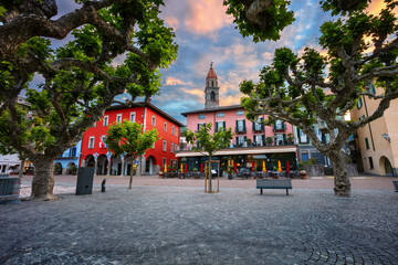 Ascona, Switzerland. Cityscape image of picturesque city of Ascona, Switzerland on the shores of Lake Maggiore at summer sunrise.