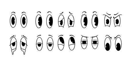 A set of Cartoon Eye Expressions With Various Emotions in a Simple Style. Funny Retro Eyesight Sticker Emojis in moods such as sad, angry, skeptical, etc.