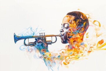 A soulful Cuban jazz musician plays trumpet as his form flows into abstract blues and oranges, evoking sound, rhythm, and expression.
