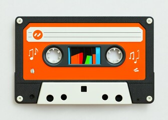 A flat modern illustration features a plastic orange retro audio tape isolated on a white background