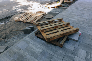 Road works area. Repair of city infrastructure. City street under reconstruction. Improvement works...